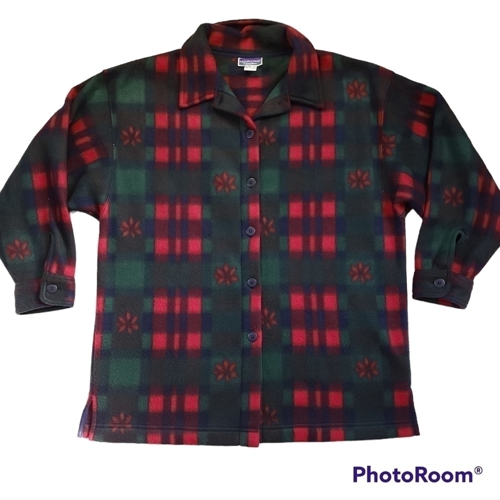 North Crest sz L Plaid Floral Button Up Fleece Shacket